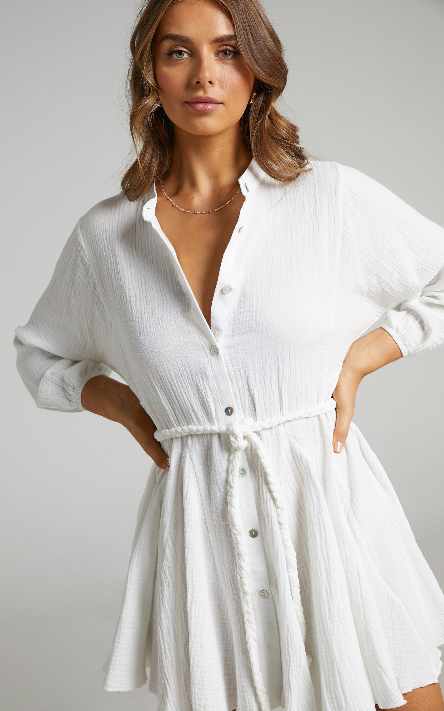 Raphaelle Mini Dress - Long Sleeve Button Up Dress in White