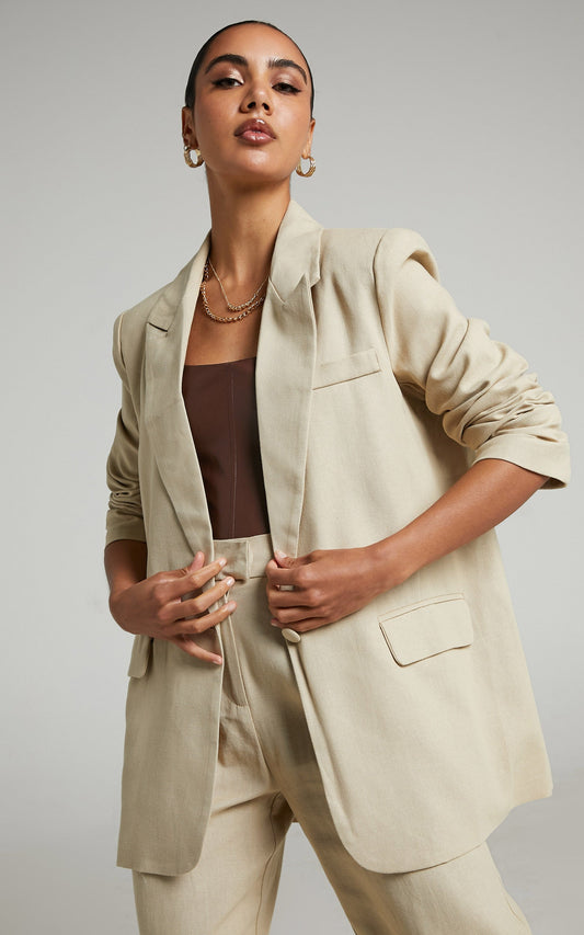 Revy Blazer - Linen Oversized Blazer in Beige Linen Look