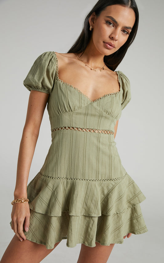 Rhyken Mini Dress - Puff Sleeve Frill Detail Dress in Khaki