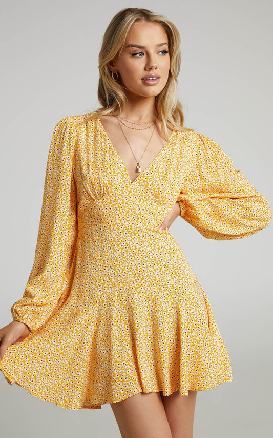 Riecha Mini Dress - Long Sleeve V Neck Dress in Yellow Floral