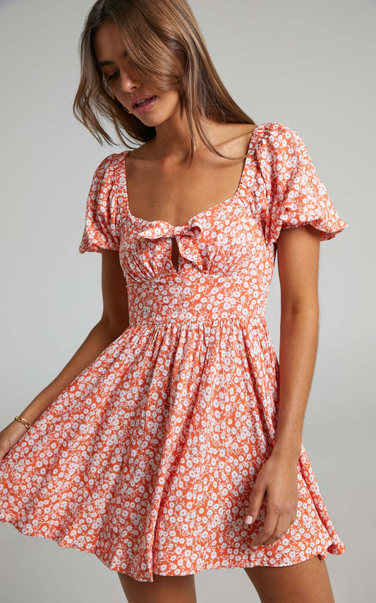 Riecha Puff Sleeve Mini Dress in Orange Floral