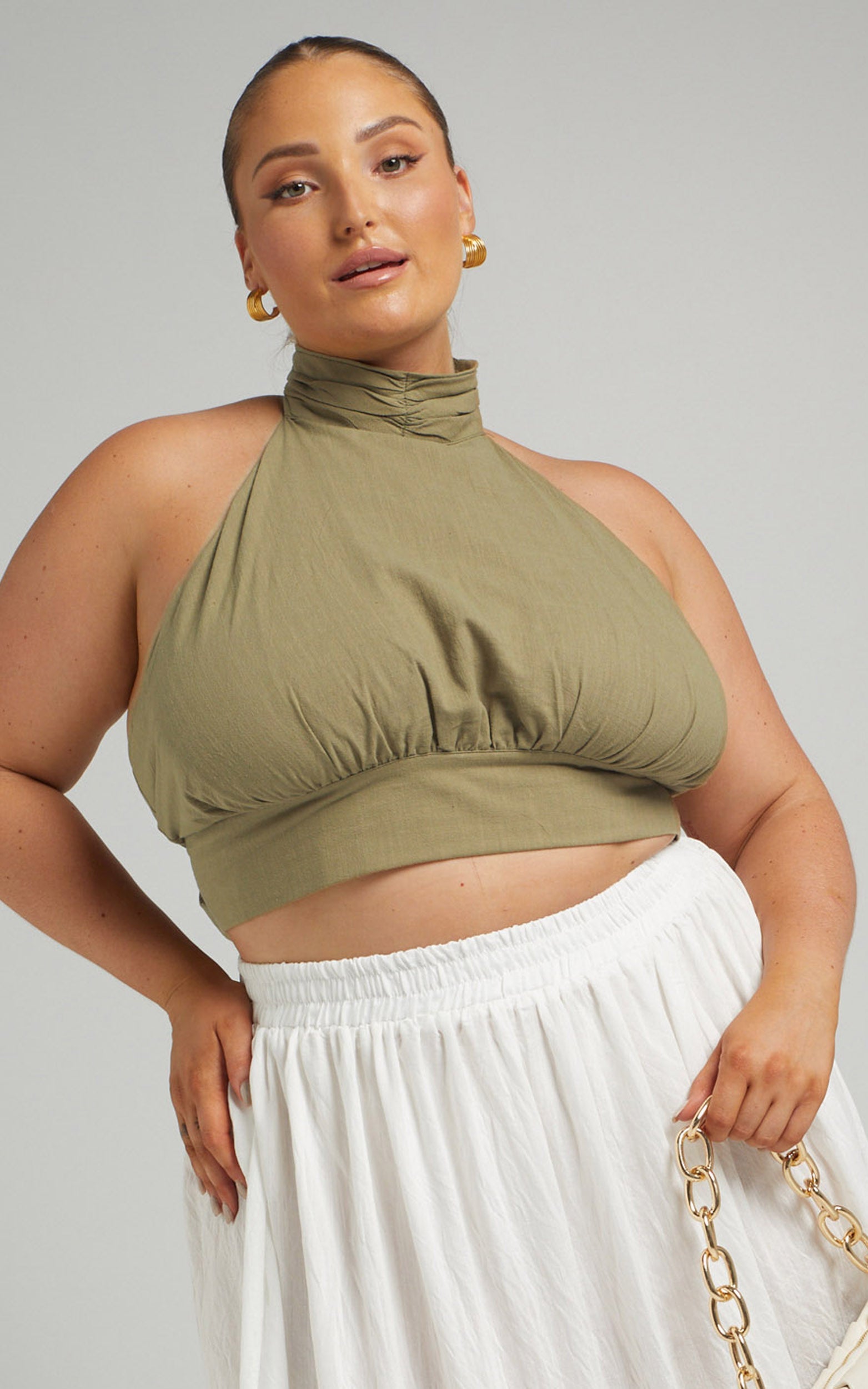 Margotha Tie Back Halter Crop Linen Blend Top in Khaki