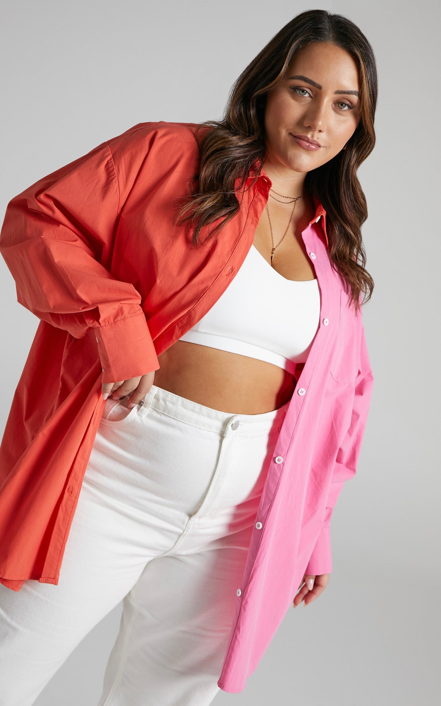 Roewe Shirt - Colour Block Oversized Button Up Shirt in Oxy Fire & Pink