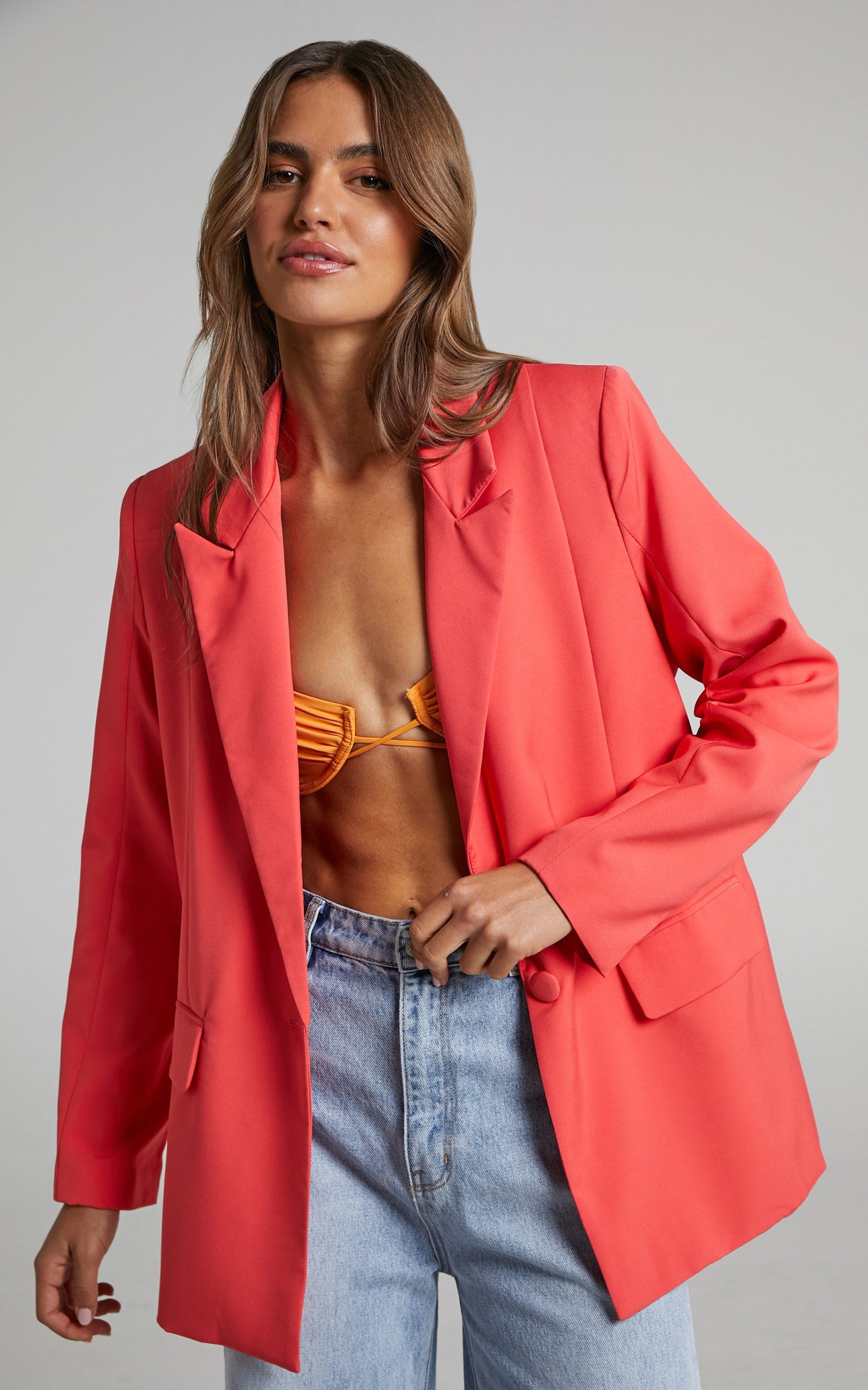 Sharmiel Blazer - Plunge Neck Oversized Longline Blazer in Orange
