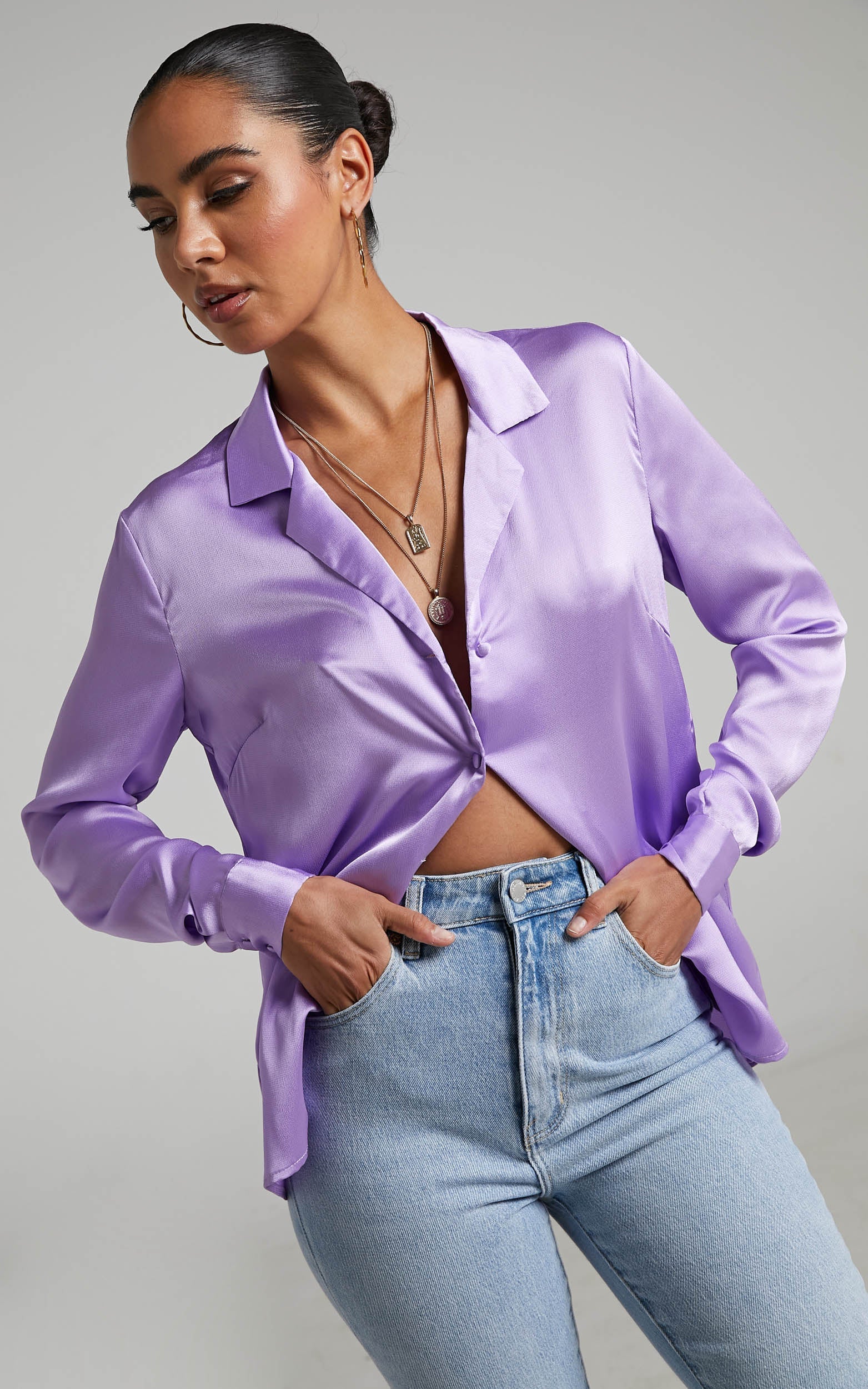 Tinna Shirt - Longsleeve Satin Collared Button Up Shirt in Lilac