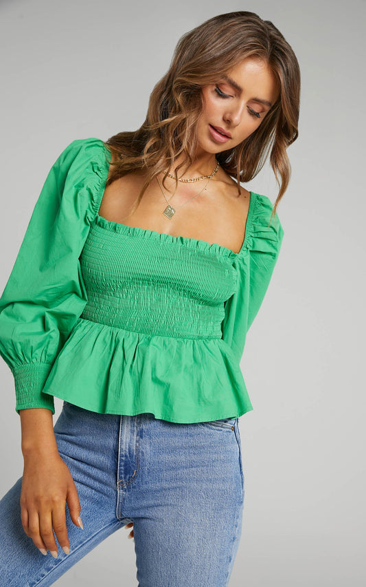 Vera Puff Sleeve Top in Green