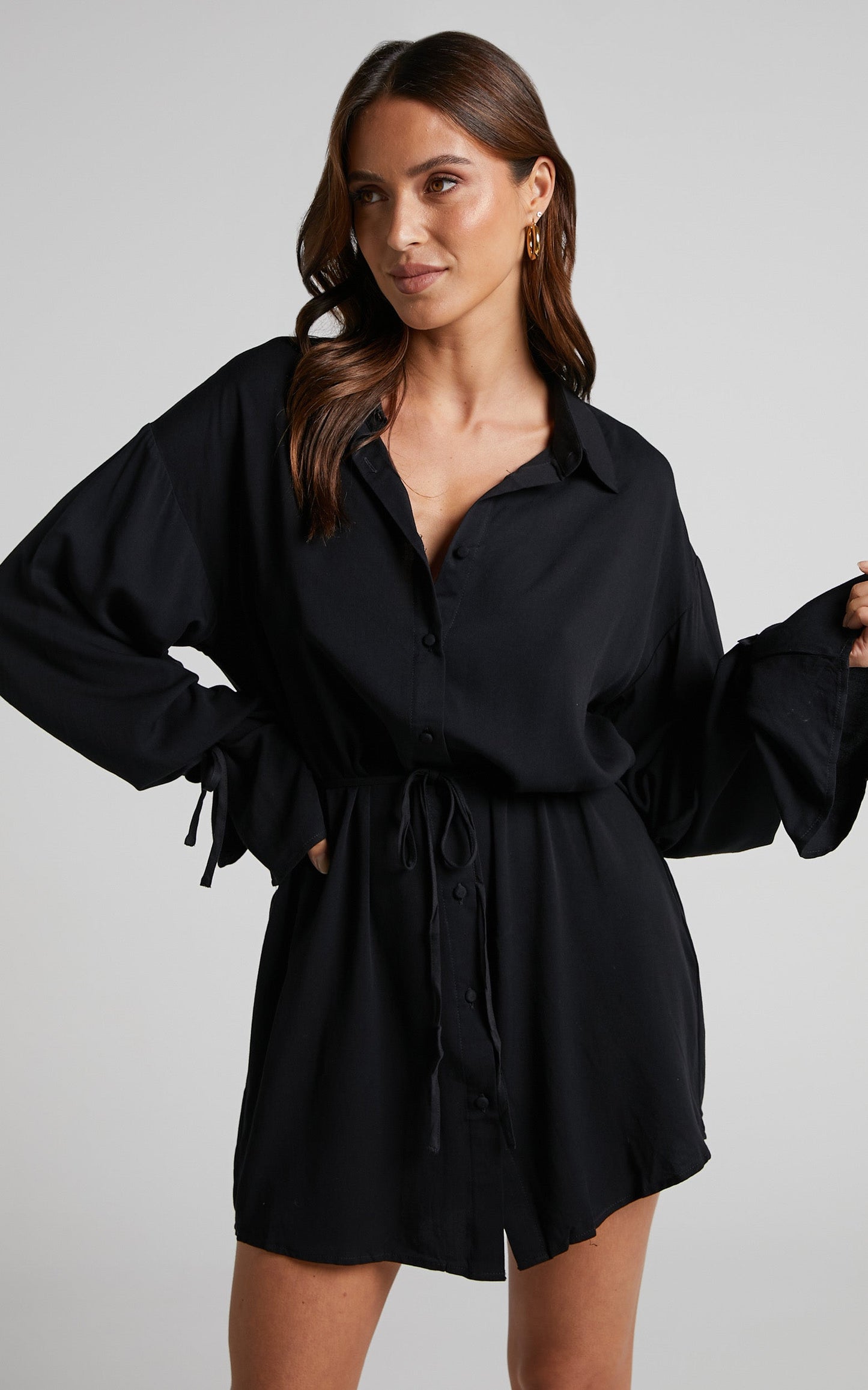 Wynter Mini Dress - Waist Tie Shirt Dress in Black