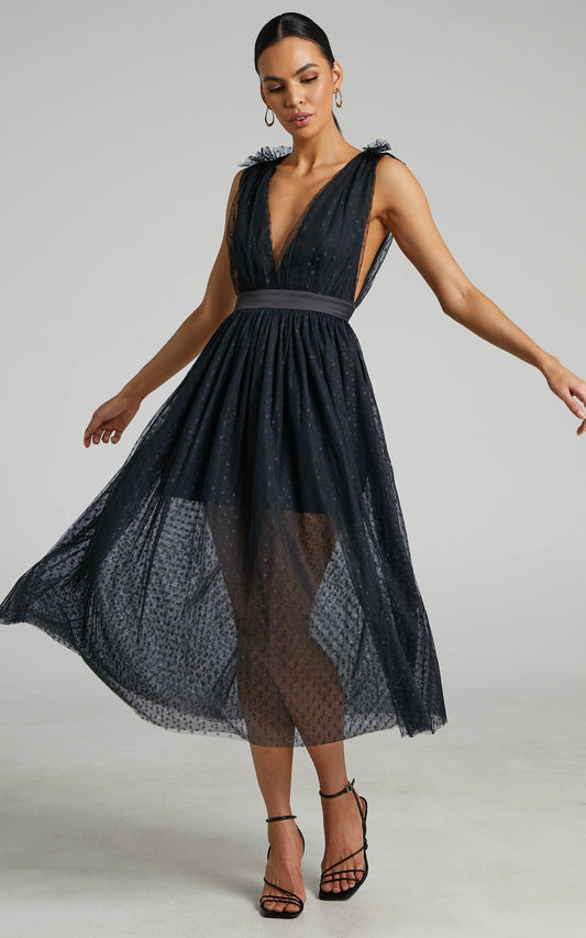 Xenia Midi Dress - Plunge Tulle Dress in Black