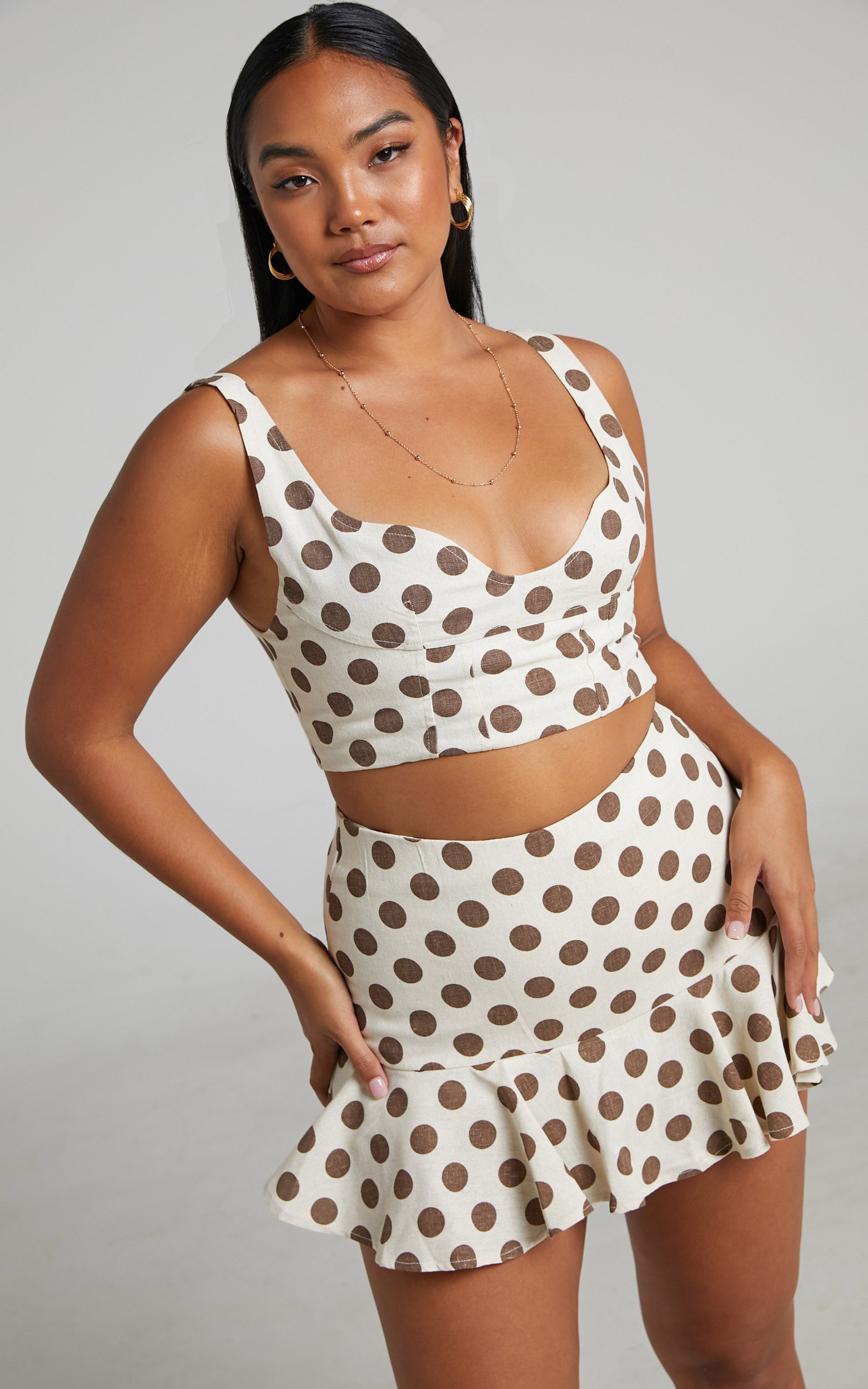 Yolly Two Piece Set - Linen Look Bustier Crop Top and Flippy Mini Skirt in Mocha Spot
