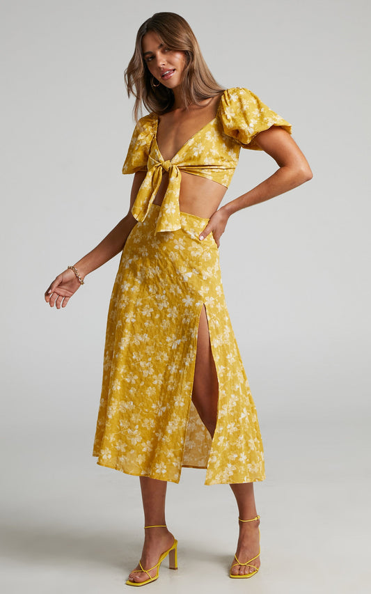 Zilda Linen Tie Front Crop Top and Midi Skirt Two Piece Set in Yellow Floral