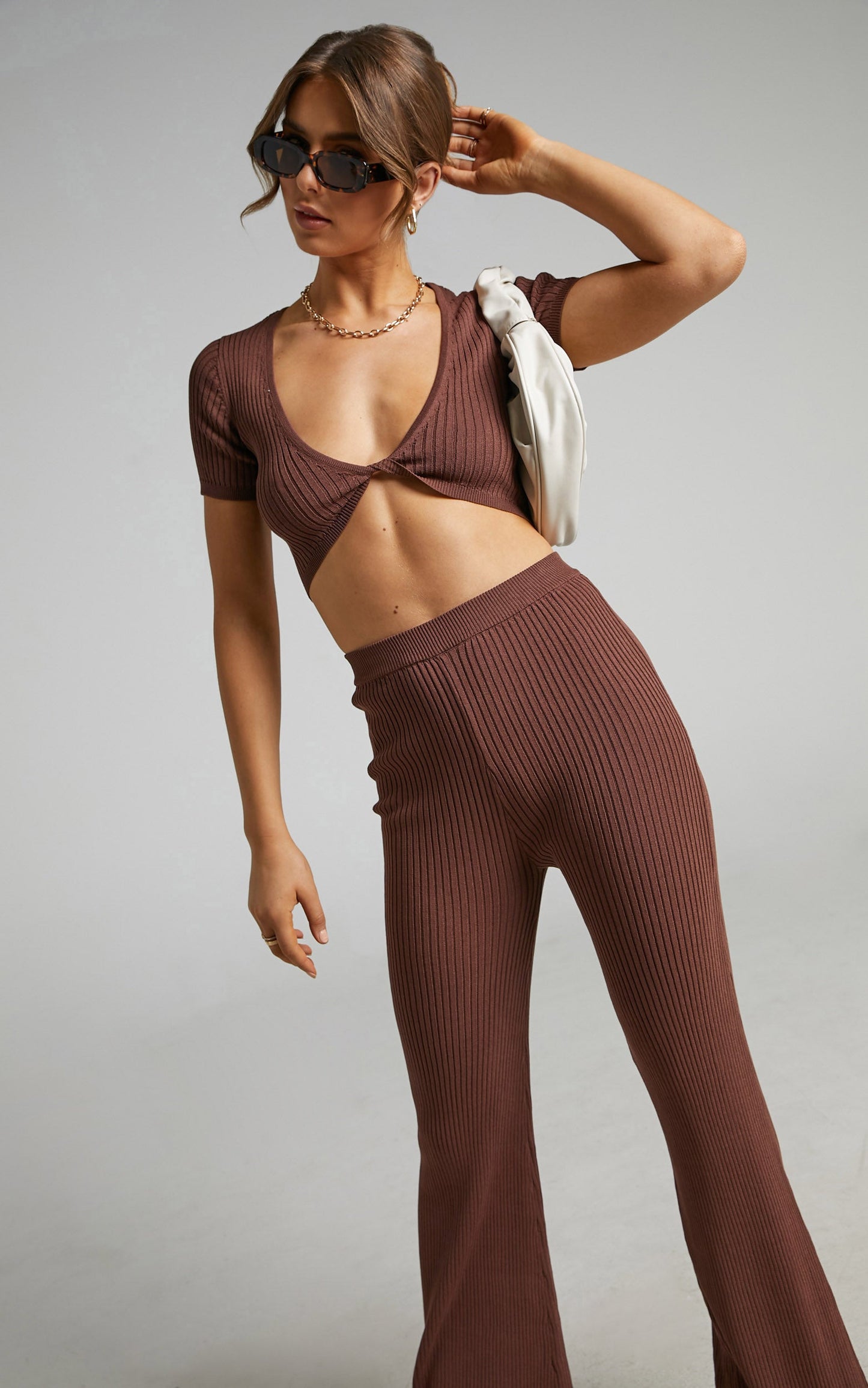 Zyanya Ribbed Cropped Two Piece Set in Chocolate