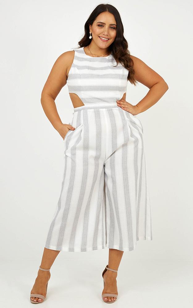 Out Dream Yourself Jumpsuit In Grey Stripe  Linen Look