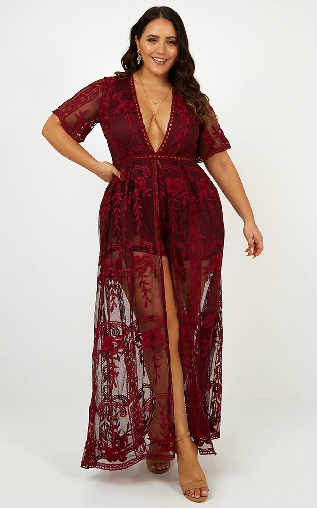 Lets Get Loud Maxi Playsuit in Wine Lace