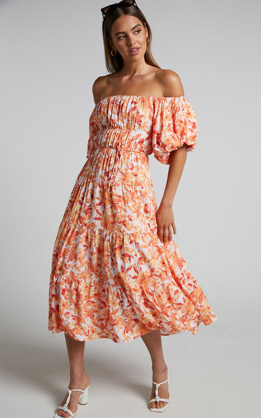 Delilah Midi Dress - Off Shoulder Puff Sleeve Tiered Dress in Orange Floral