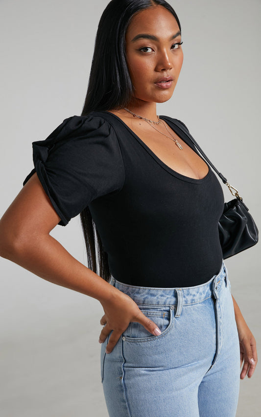 Franky Bodysuit - Short Twist Sleeve Bodysuit in Black