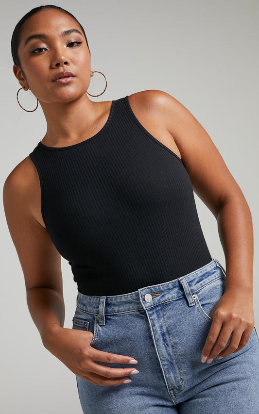 Julia Bodysuit - High Neck Ribbed Bodysuit in Black