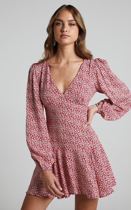 Riecha Mini Dress - Long Sleeve V Neck Dress in Red Ditsy Floral
