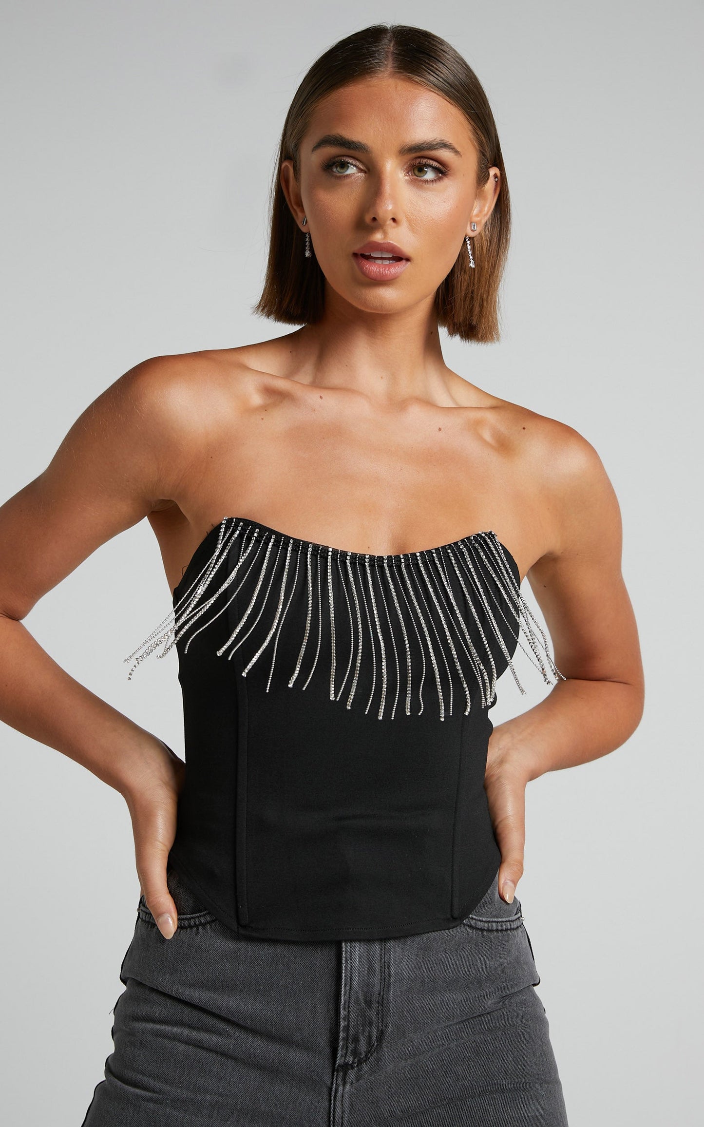 Shikita Top - Diamante Trim Strapless Corset Top in Black