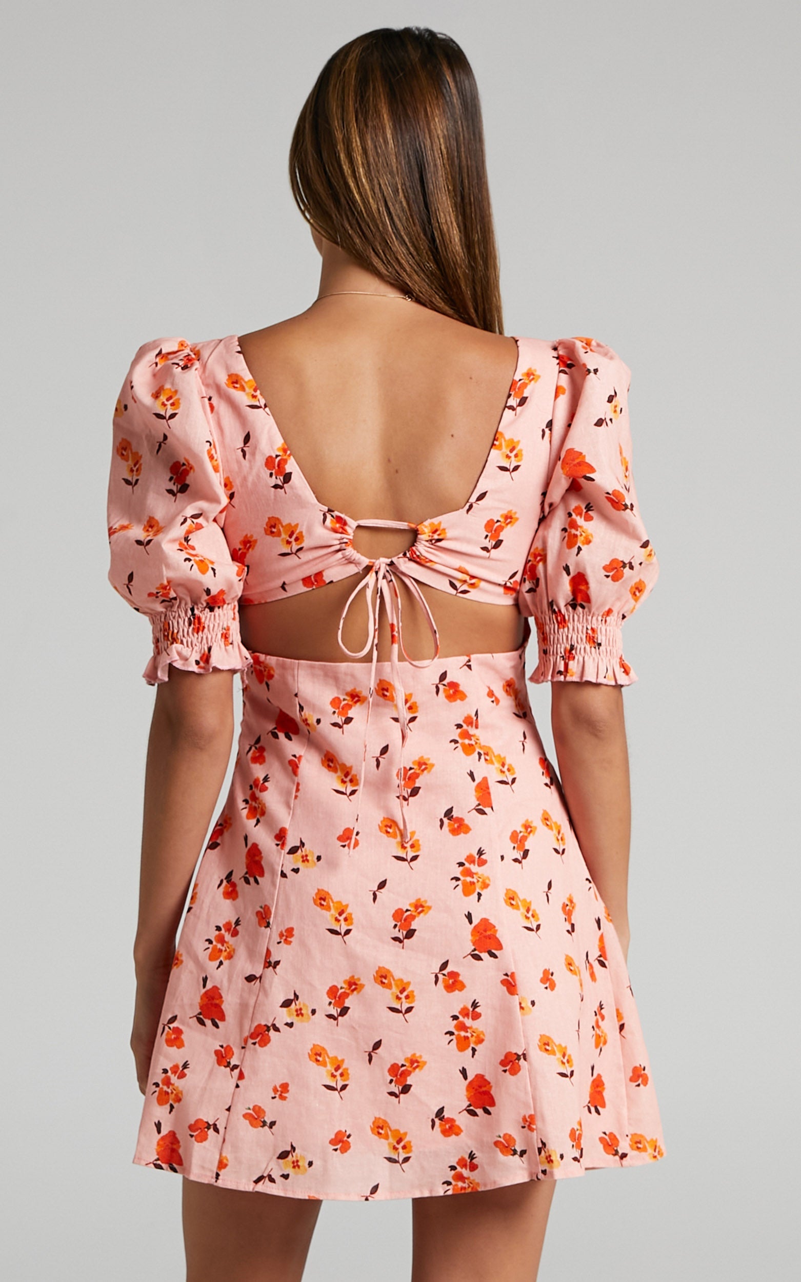 Rosini Mini Dress - Linen Puff Sleeve Sweetheart A Line Dress in Pink Floral