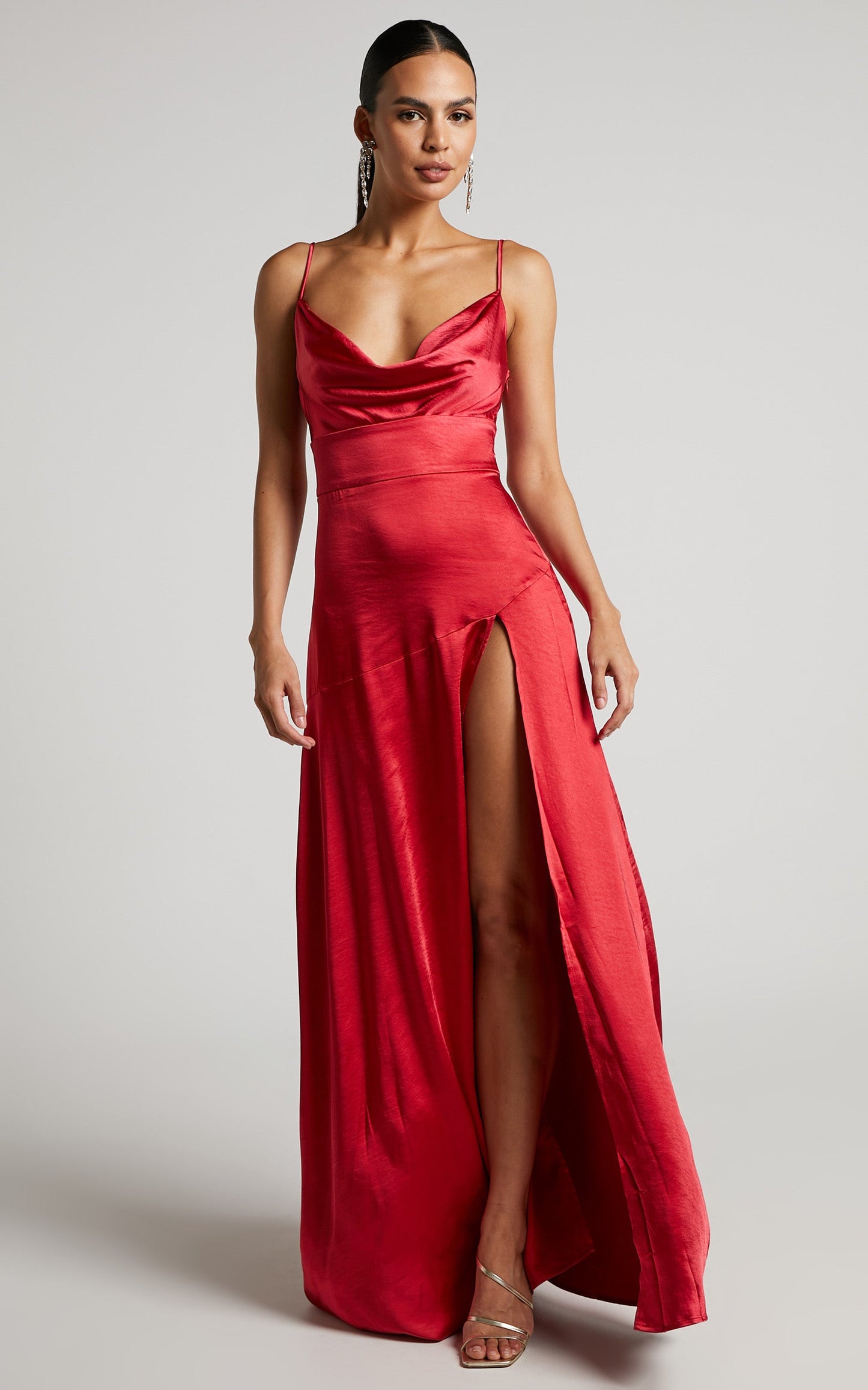 Cleopathra Maxi Dress - High Split Cowl Neck Dress in Red