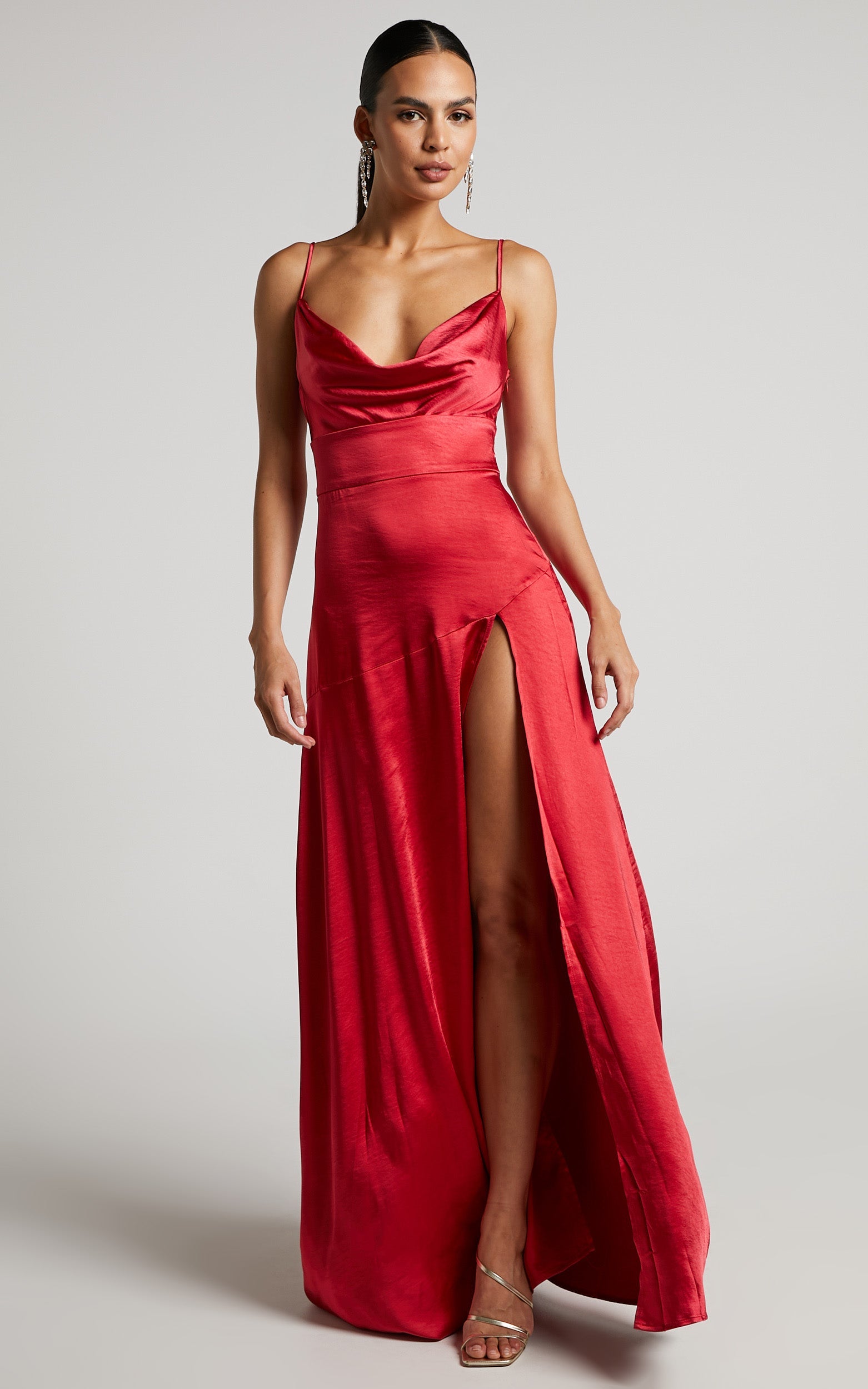 Cleopathra Maxi Dress - High Split Cowl Neck Dress in Red