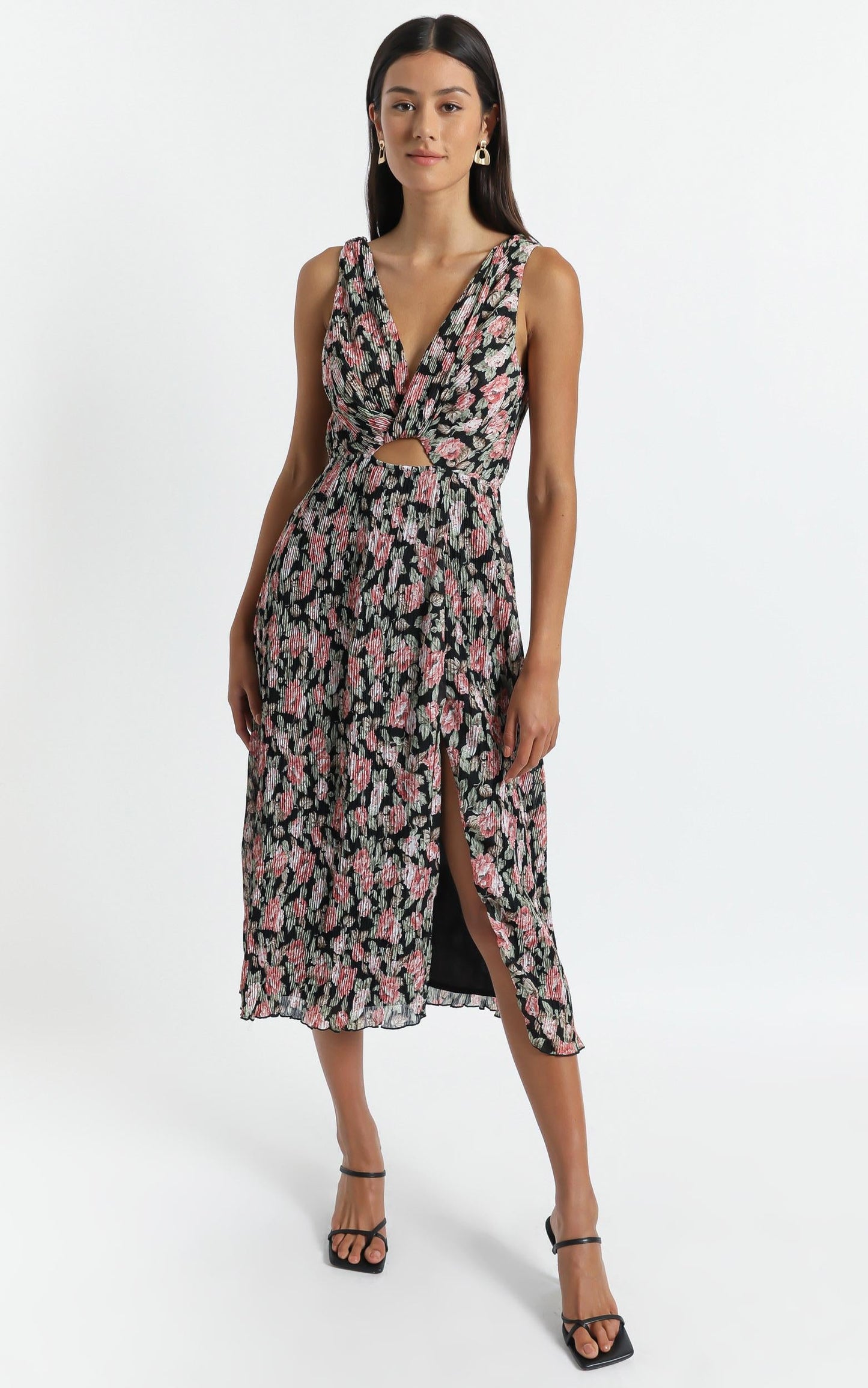 Amelia Midi Dress in Pleated Rose Floral