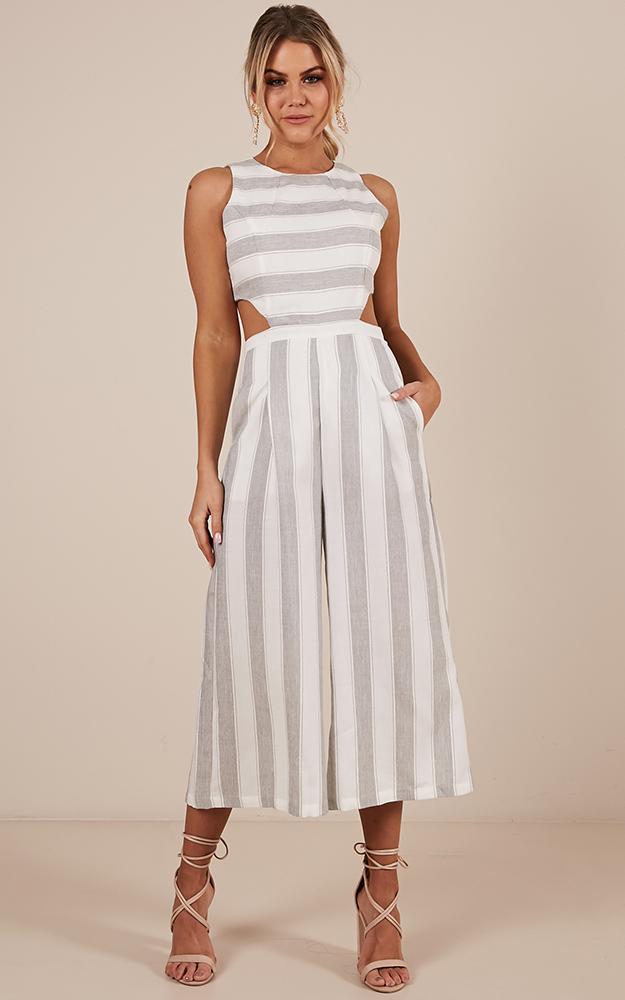 Out Dream Yourself Jumpsuit In Grey Stripe  Linen Look