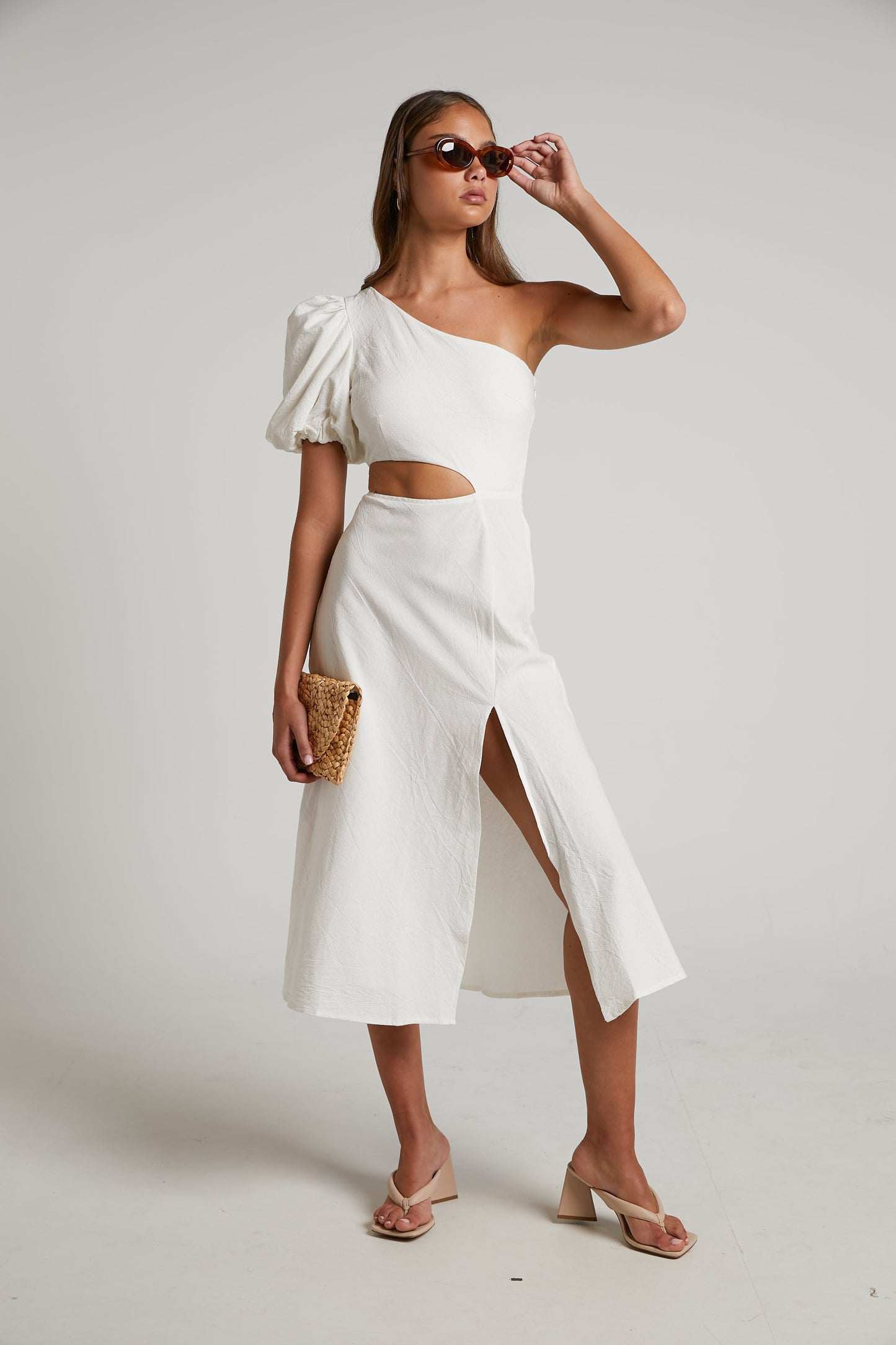 Marcia Midi Dress - One Shoulder Dress with Side Cut Out in White