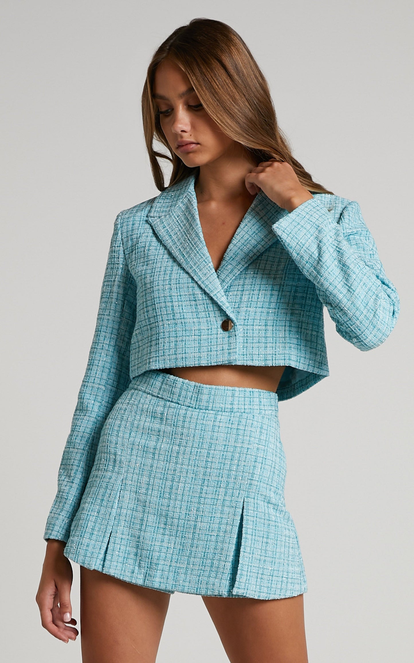 Sheba Two Piece Set - Tweed Cropped Blazer and Mini Skort in Blue