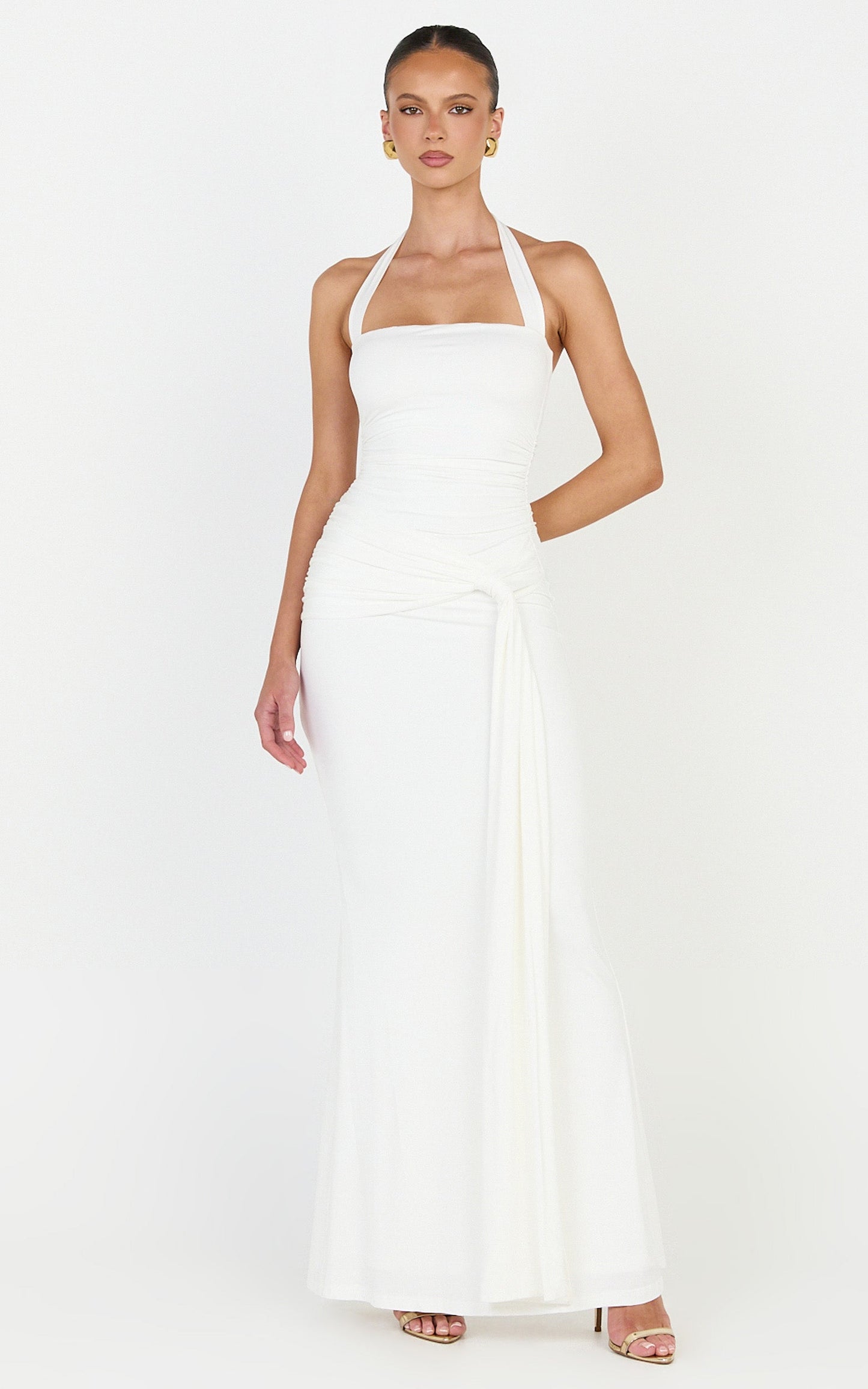 Amaya Maxi Dress - Draped Sash Halter Dress in Cream