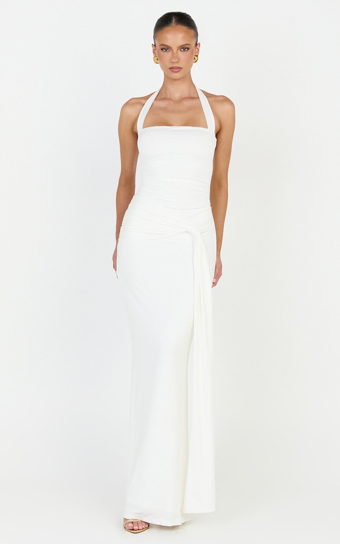 Amaya Maxi Dress - Draped Sash Halter Dress in Cream