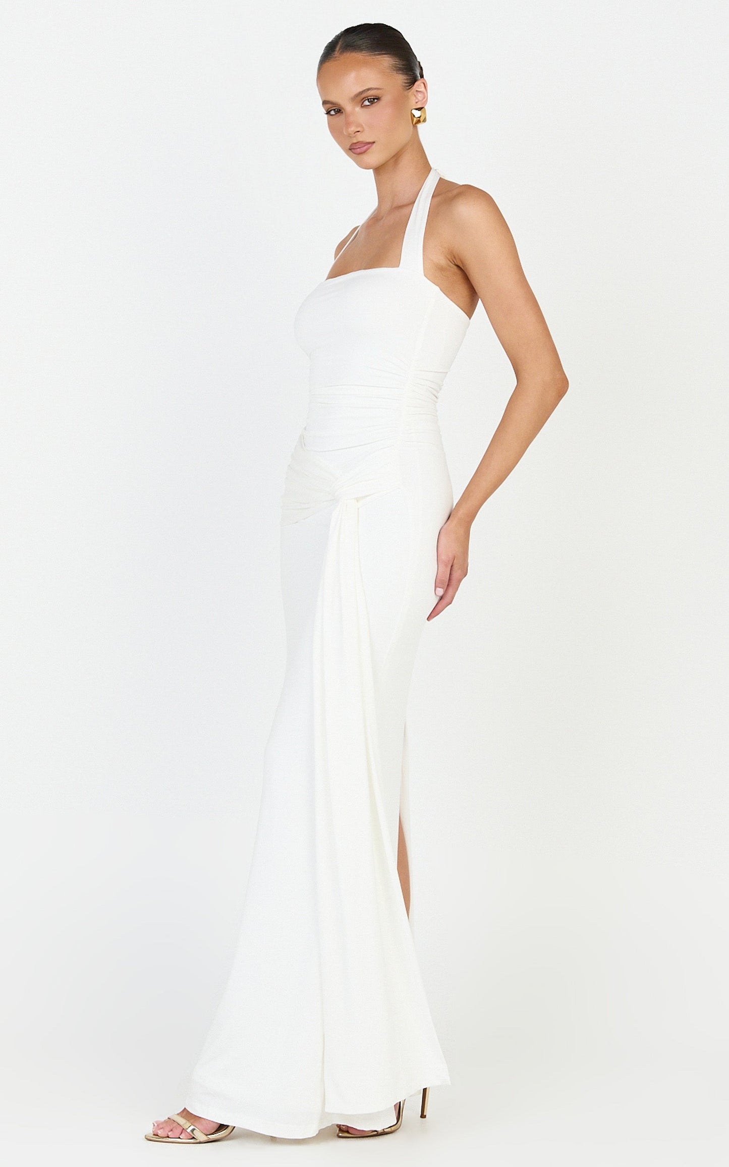 Amaya Maxi Dress - Draped Sash Halter Dress in Cream