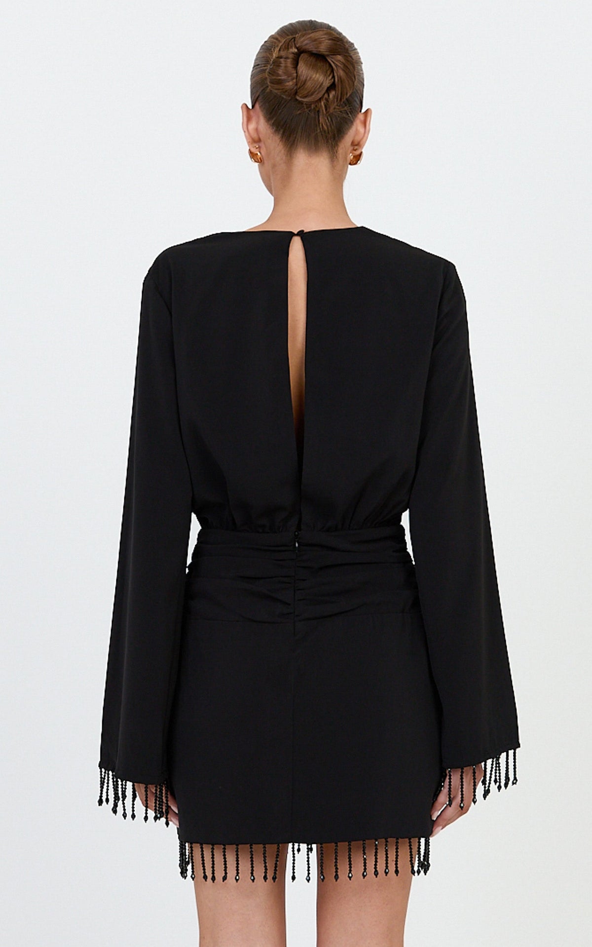 Azura Mini Dress - Long Sleeve Beaded Trim Plunge Neck Dress in Black