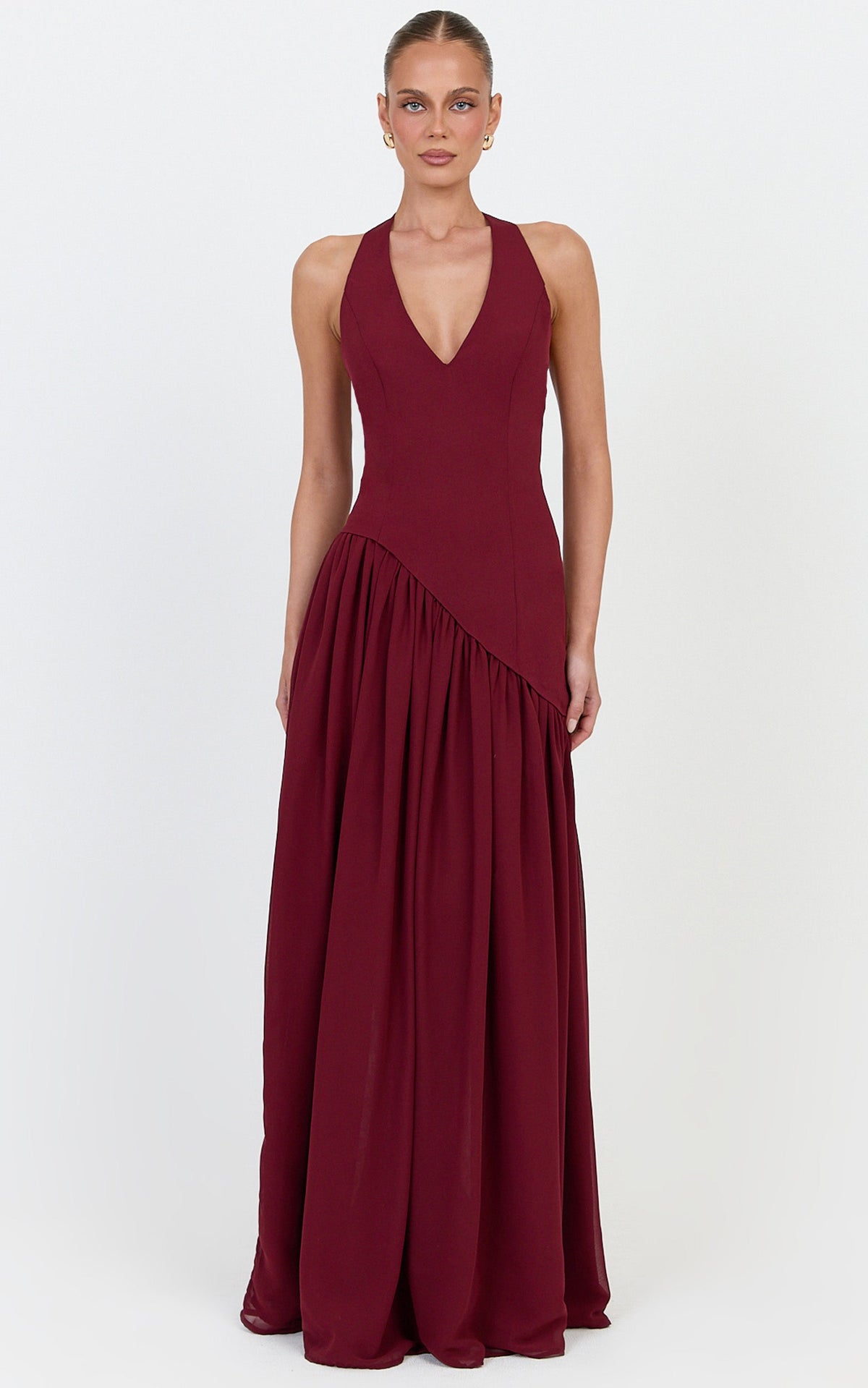 Calla Maxi Dress - Halter Neck Asymmetric Dropped Waist Dress in Wine