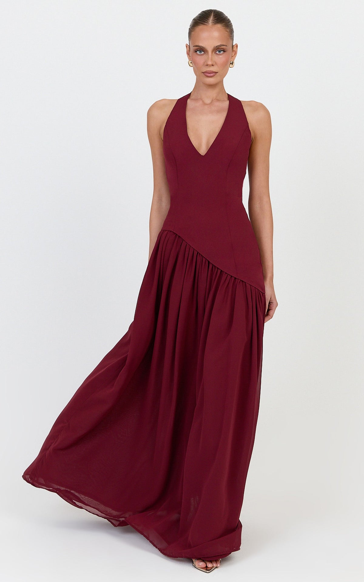 Calla Maxi Dress - Halter Neck Asymmetric Dropped Waist Dress in Wine