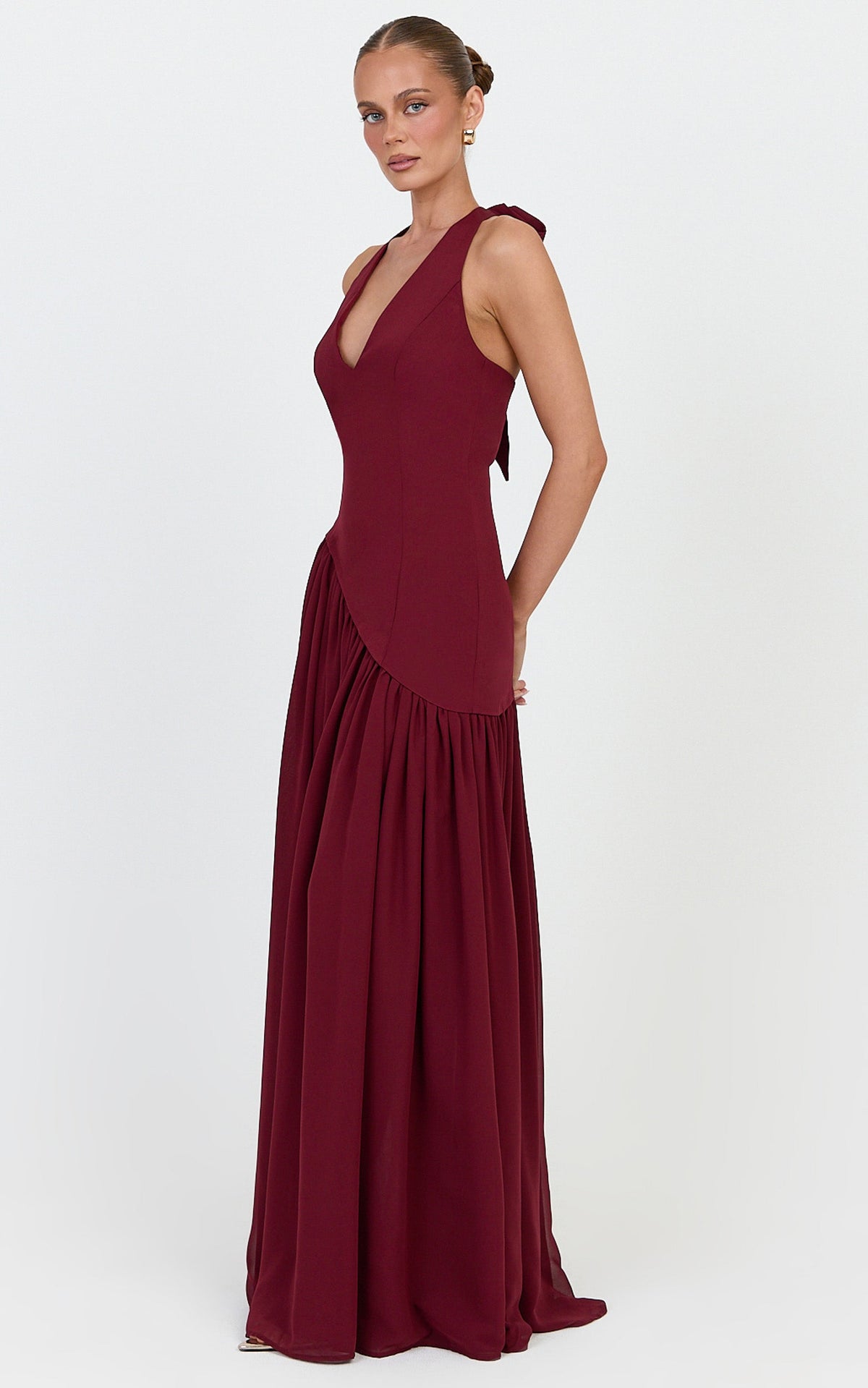 Calla Maxi Dress - Halter Neck Asymmetric Dropped Waist Dress in Wine