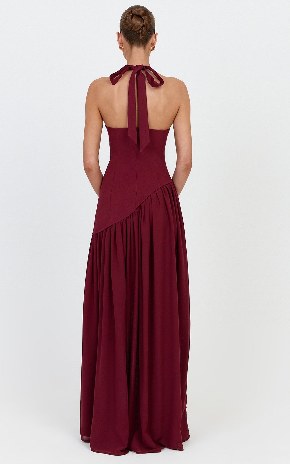 Calla Maxi Dress - Halter Neck Asymmetric Dropped Waist Dress in Wine