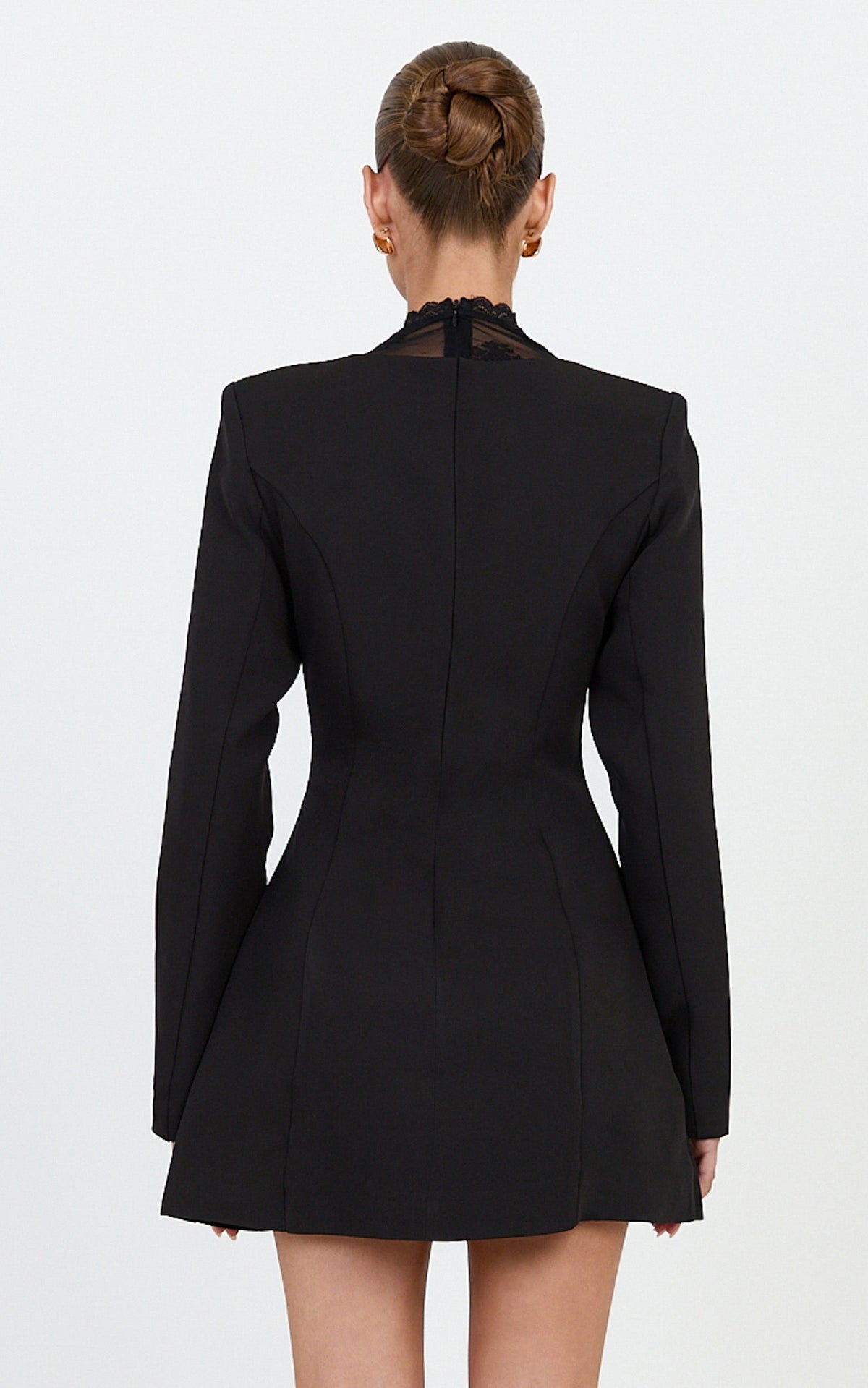 Emmeline Mini Dress - High Neck Contrast Lace Long Sleeve Dress in Black