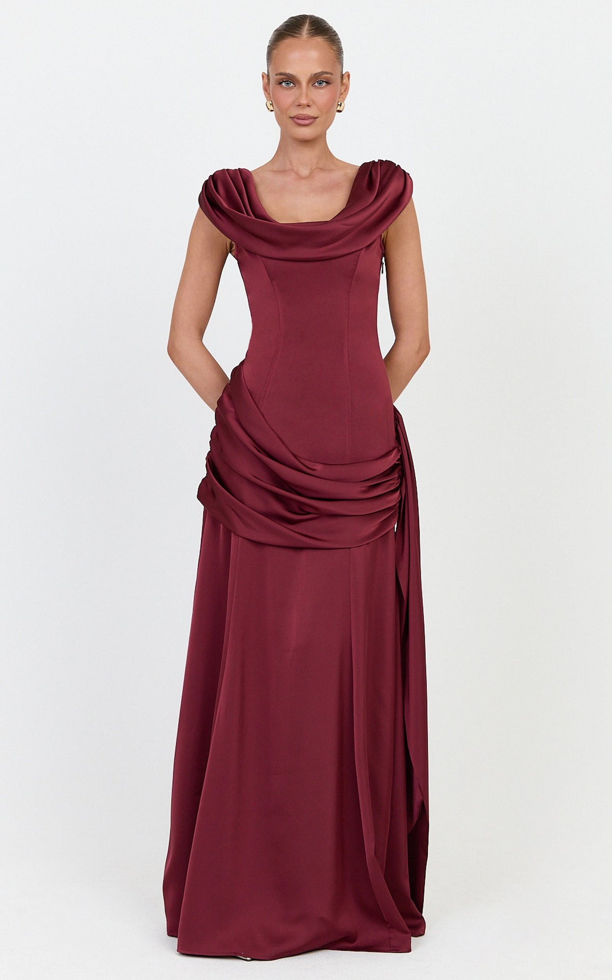 Joni Maxi Dress - Off The Shoulder Draped Dress in Wine