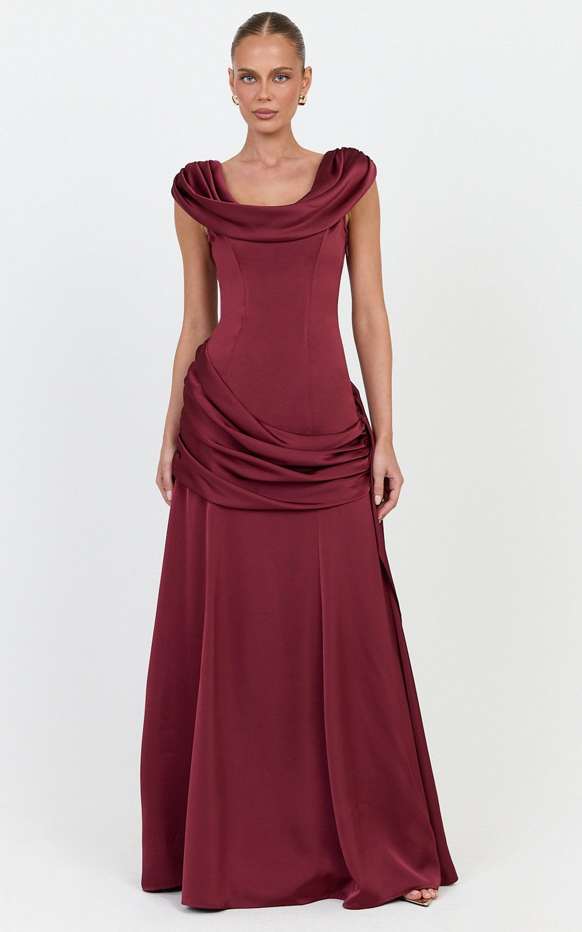 Joni Maxi Dress - Off The Shoulder Draped Dress in Wine