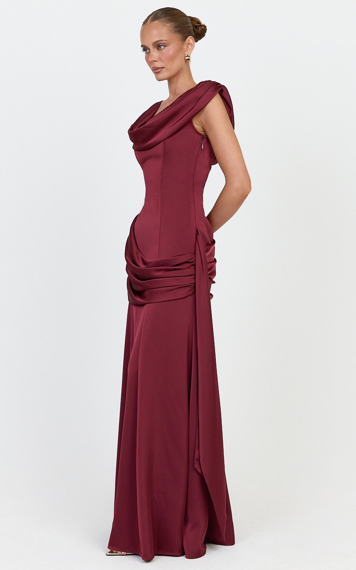 Joni Maxi Dress - Off The Shoulder Draped Dress in Wine
