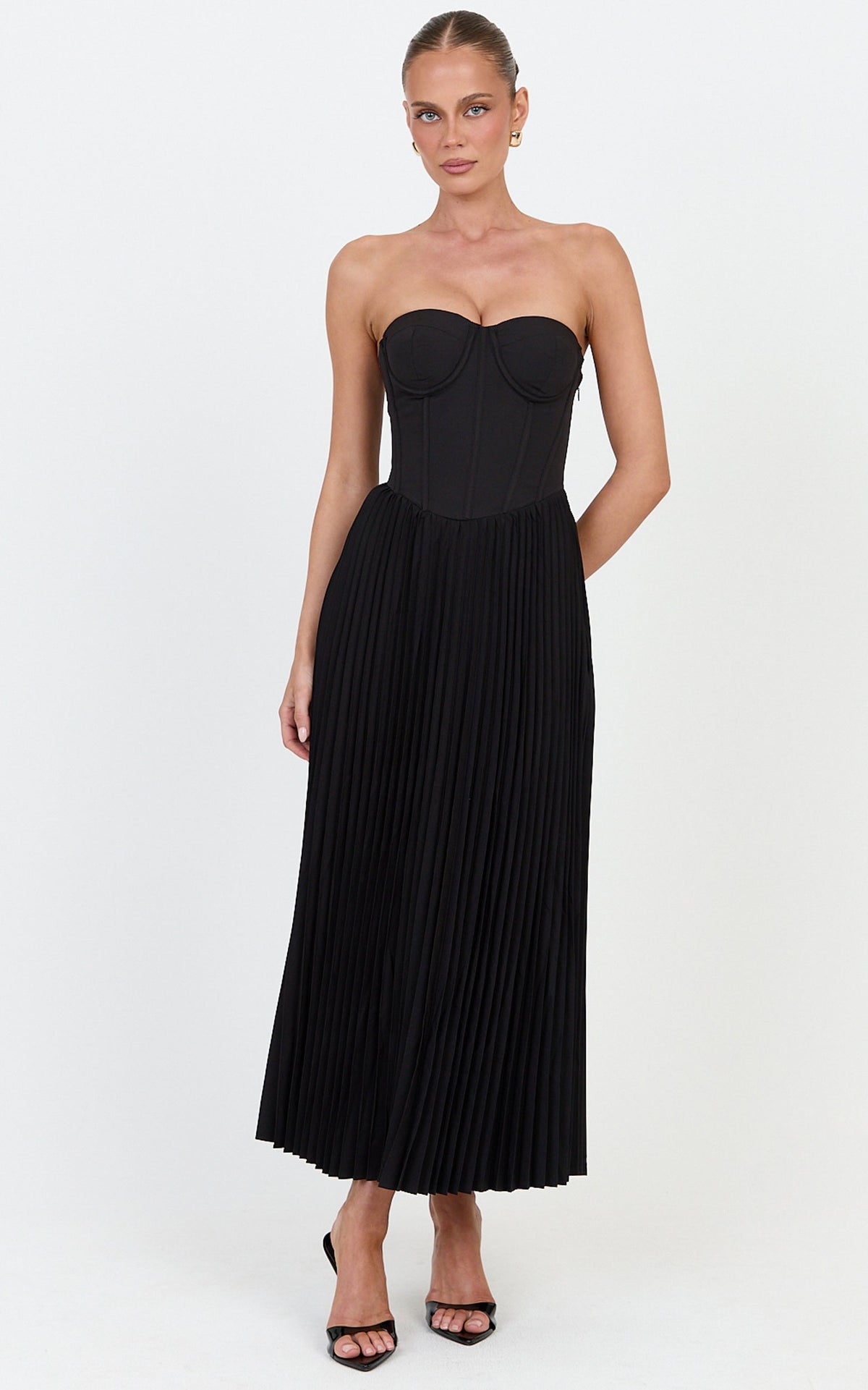 Loretta Midi Dress - Lace Up Back Bustier Pleated Dress in Black
