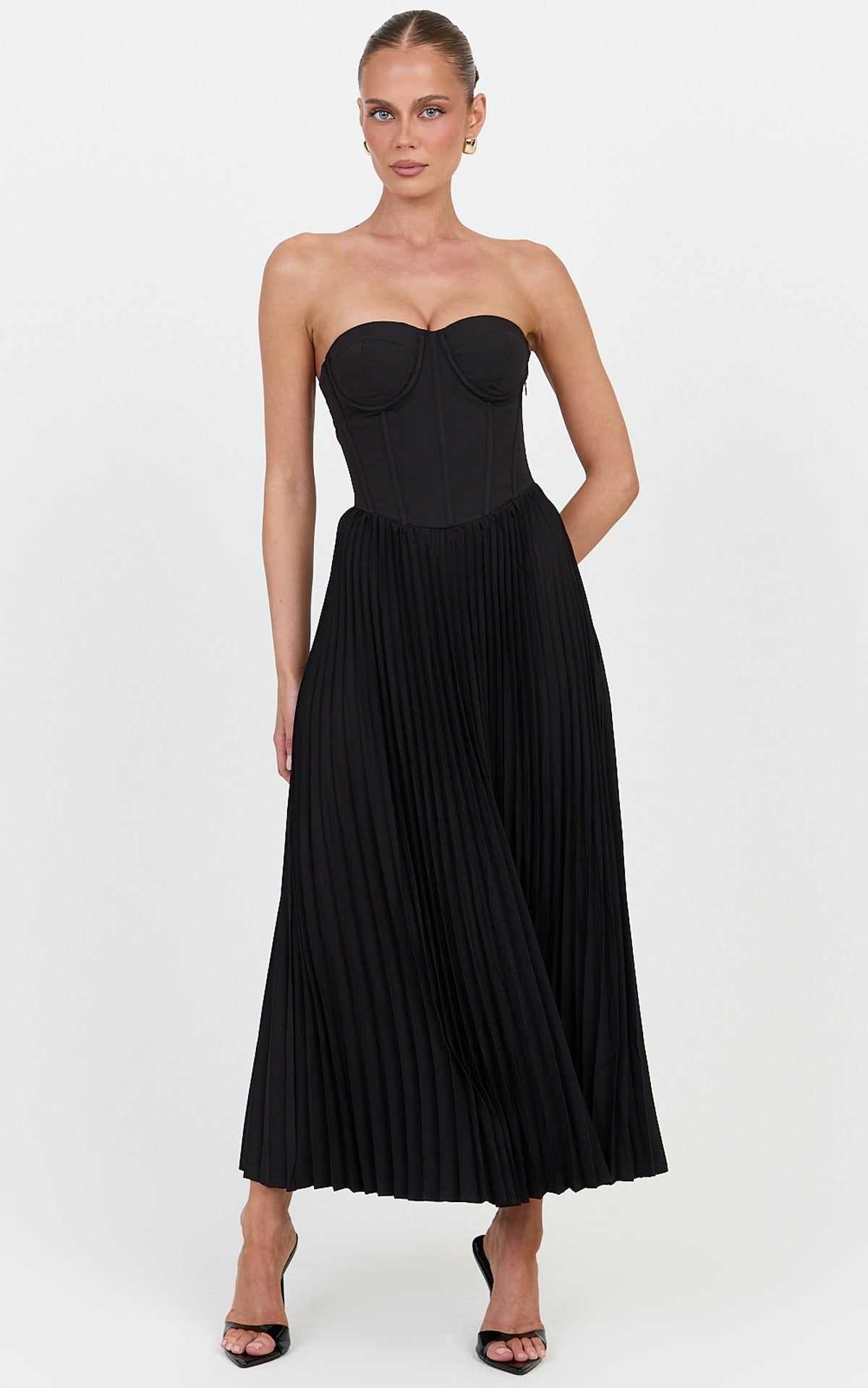 Loretta Midi Dress - Lace Up Back Bustier Pleated Dress in Black