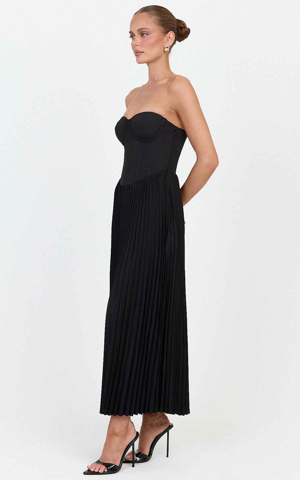 Loretta Midi Dress - Lace Up Back Bustier Pleated Dress in Black