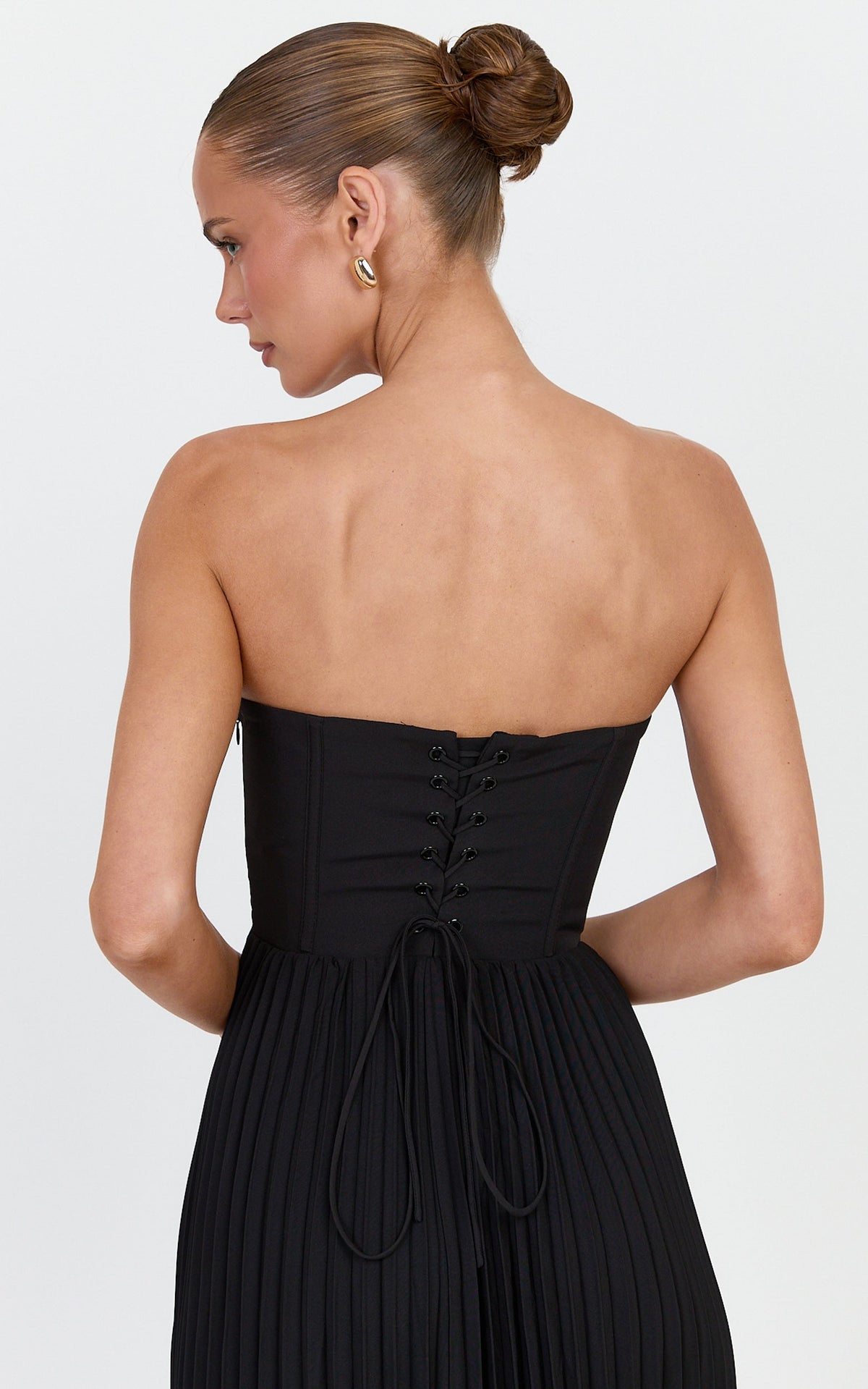 Loretta Midi Dress - Lace Up Back Bustier Pleated Dress in Black