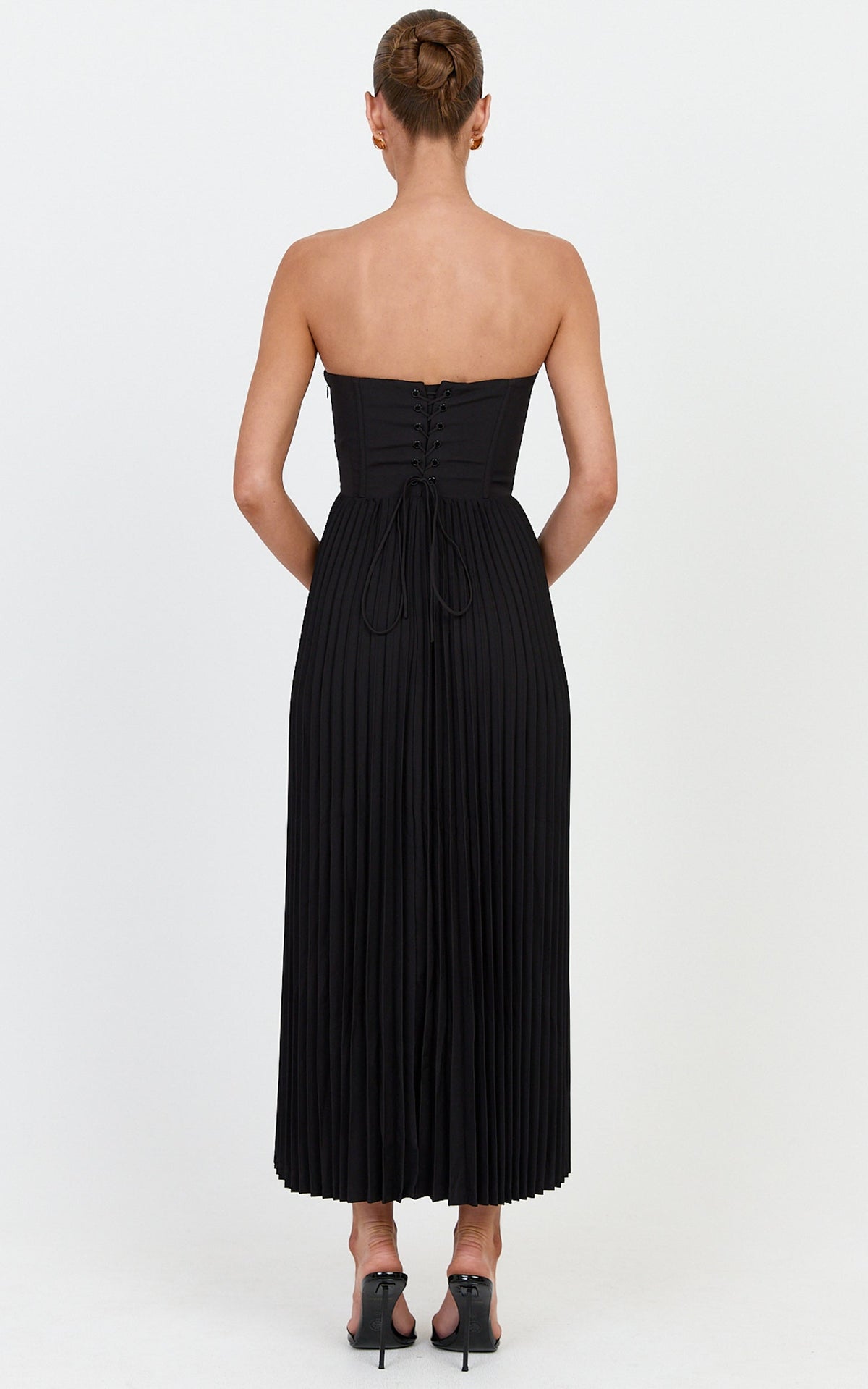 Loretta Midi Dress - Lace Up Back Bustier Pleated Dress in Black