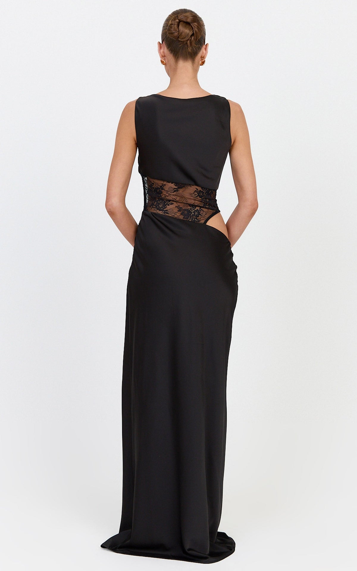 Natalia Maxi Dress - Cowl Neck Contrast Lace Side Cut Out Dress in Black