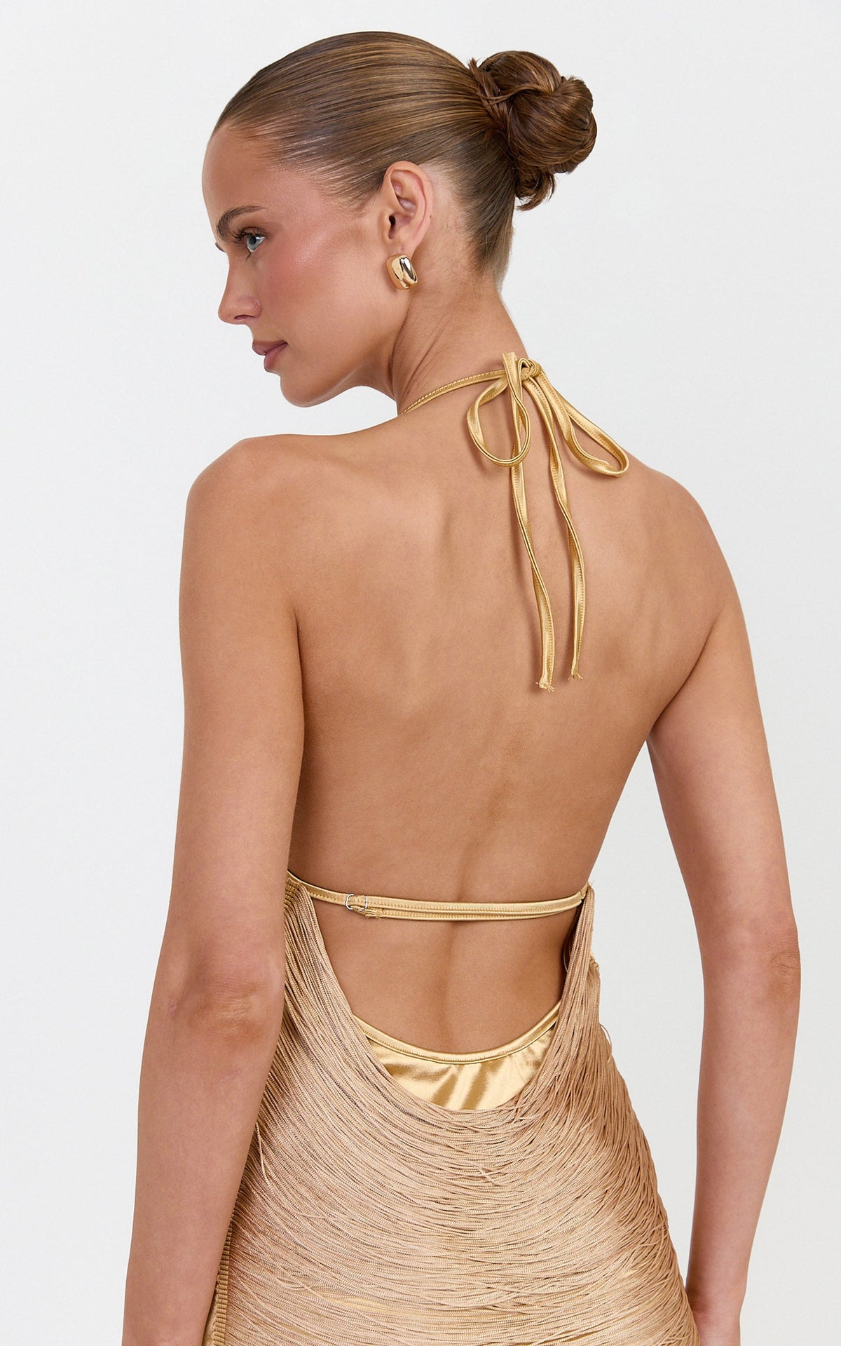 Naya Mini Dress - Fringe Halter Cowl Neck Dress in Gold