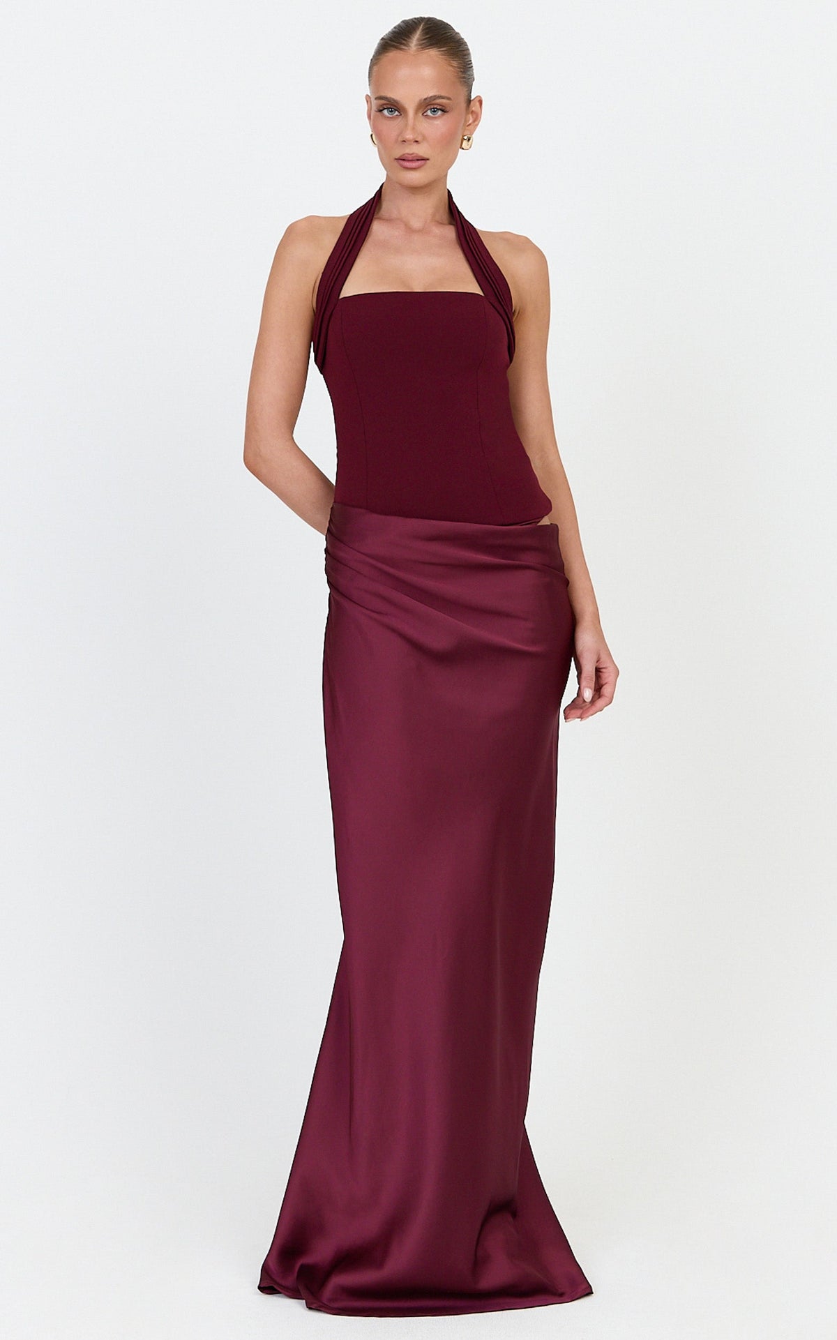 Solene Maxi Dress - Halter Neck Draped Cowl Waist Dress in Plum