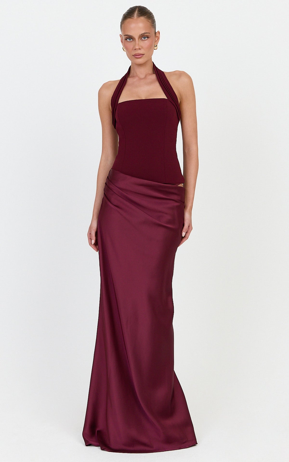 Solene Maxi Dress - Halter Neck Draped Cowl Waist Dress in Plum